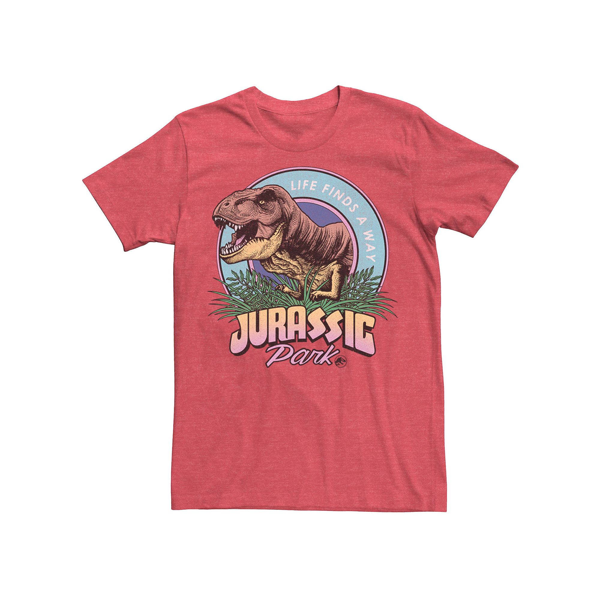 Mens Jurassic Park Life Finds A Way Vibrant Graphic Tee, Size: Small, Red 