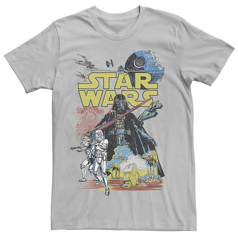 A grey T-shirt with a Star Wars graphic on it
