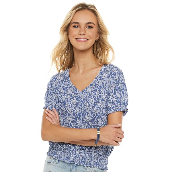 Juniors' SO® Smocked Bottom Cinched Sleeve Top