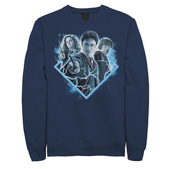 Men's Harry Potter Ron Harry Hermione Blue Lighting Portrait Fleece Graphic Pullover