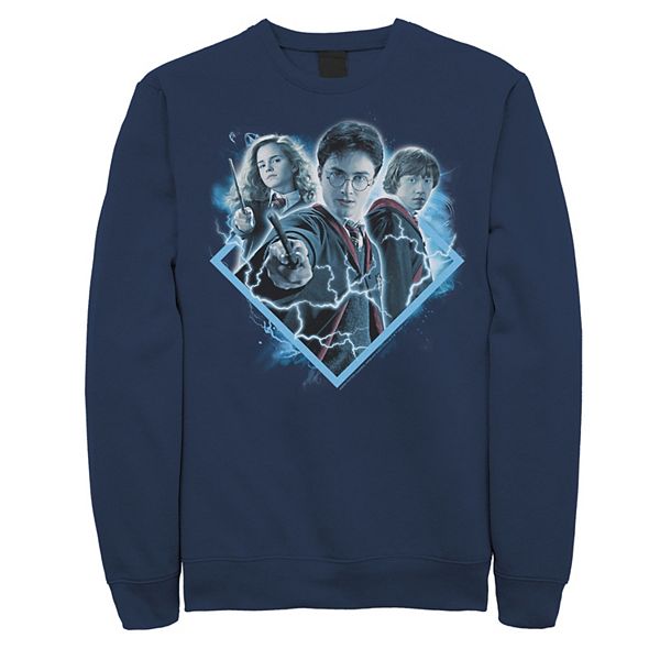 Men's Harry Potter Ron Harry Hermione Blue Lighting Portrait Fleece Graphic  Pullover