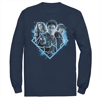 Men's Harry Potter Ron Harry Hermione Blue Lighting Portrait Long Sleeve Graphic Tee