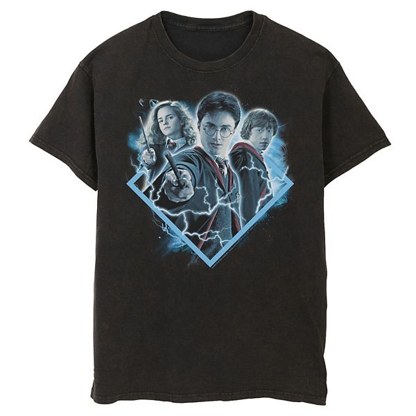 Men's Harry Potter Ron Harry Hermione Blue Lighting Portrait Graphic Tee