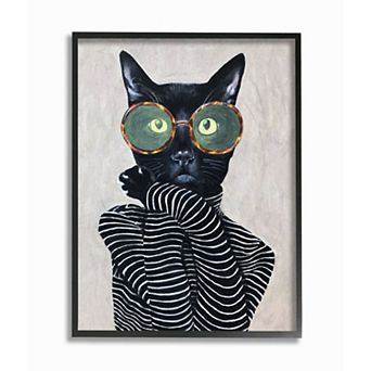 Stupell Home Decor Feline Striped Shirt and Round Glasses Cat Framed Giclee Wall Art