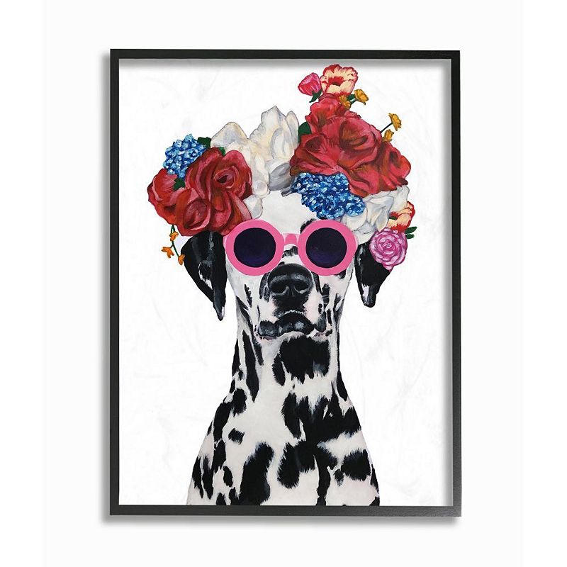 Stupell Home Decor Dalmatian Flower Crown and Round Sunglasses Framed Gicle