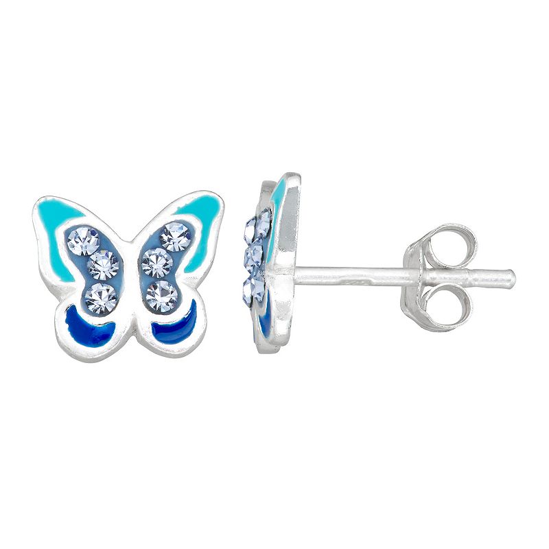 Charming Girl Sterling Silver Enamel Butterfly Stud Earrings with Crystal, 