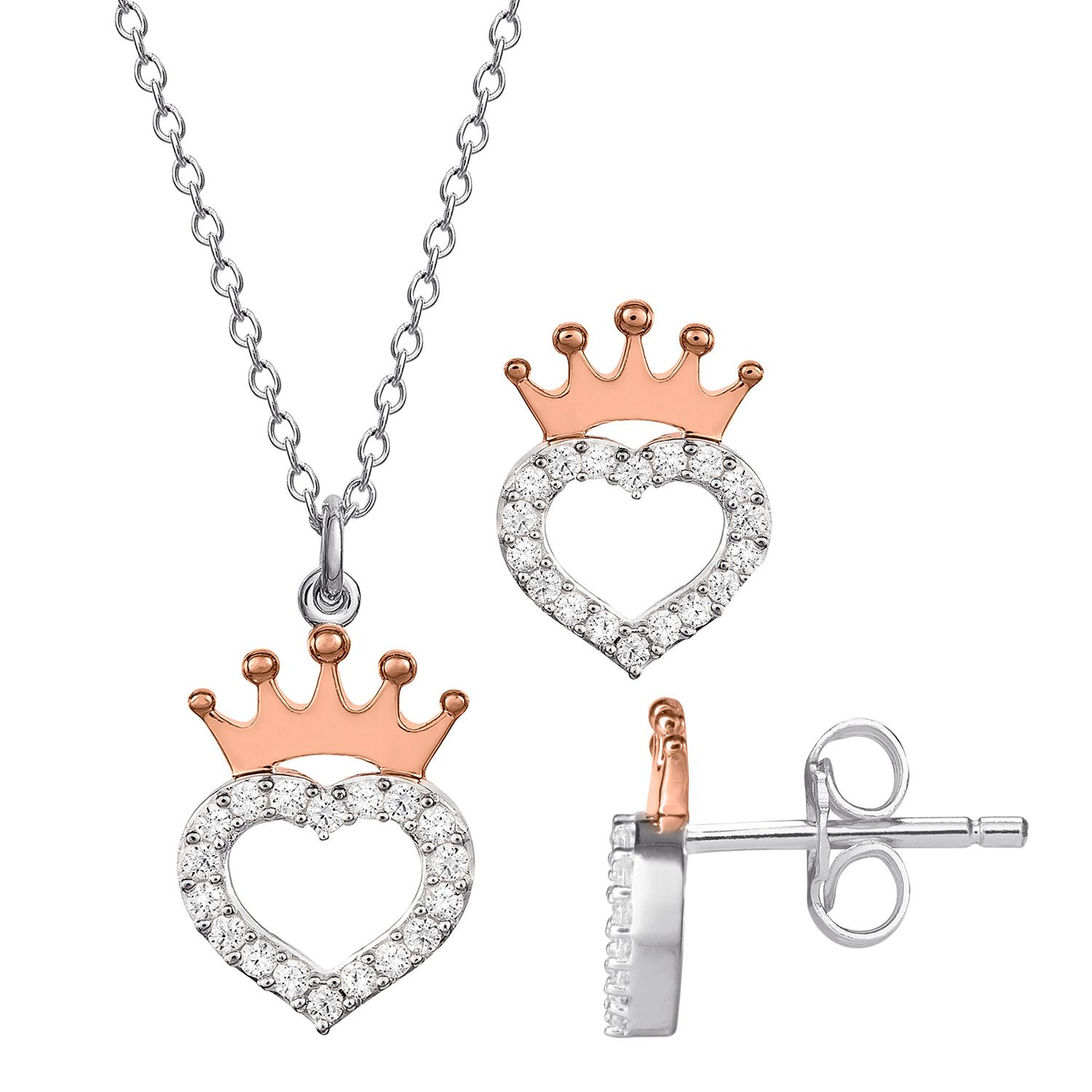 Image for Disney Princess Two-Tone Heart Crown Pendant Necklace & Stud Earring Set at Kohl's.