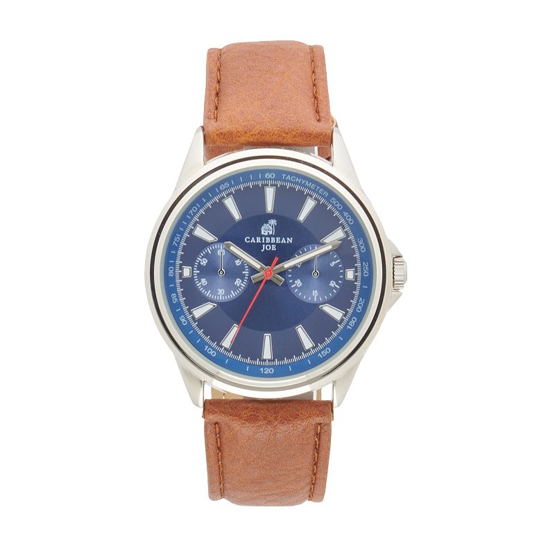 Caribbean Joe Mens Silver Tone Brown Strap Watch - CJ7108SL, Size: Medium