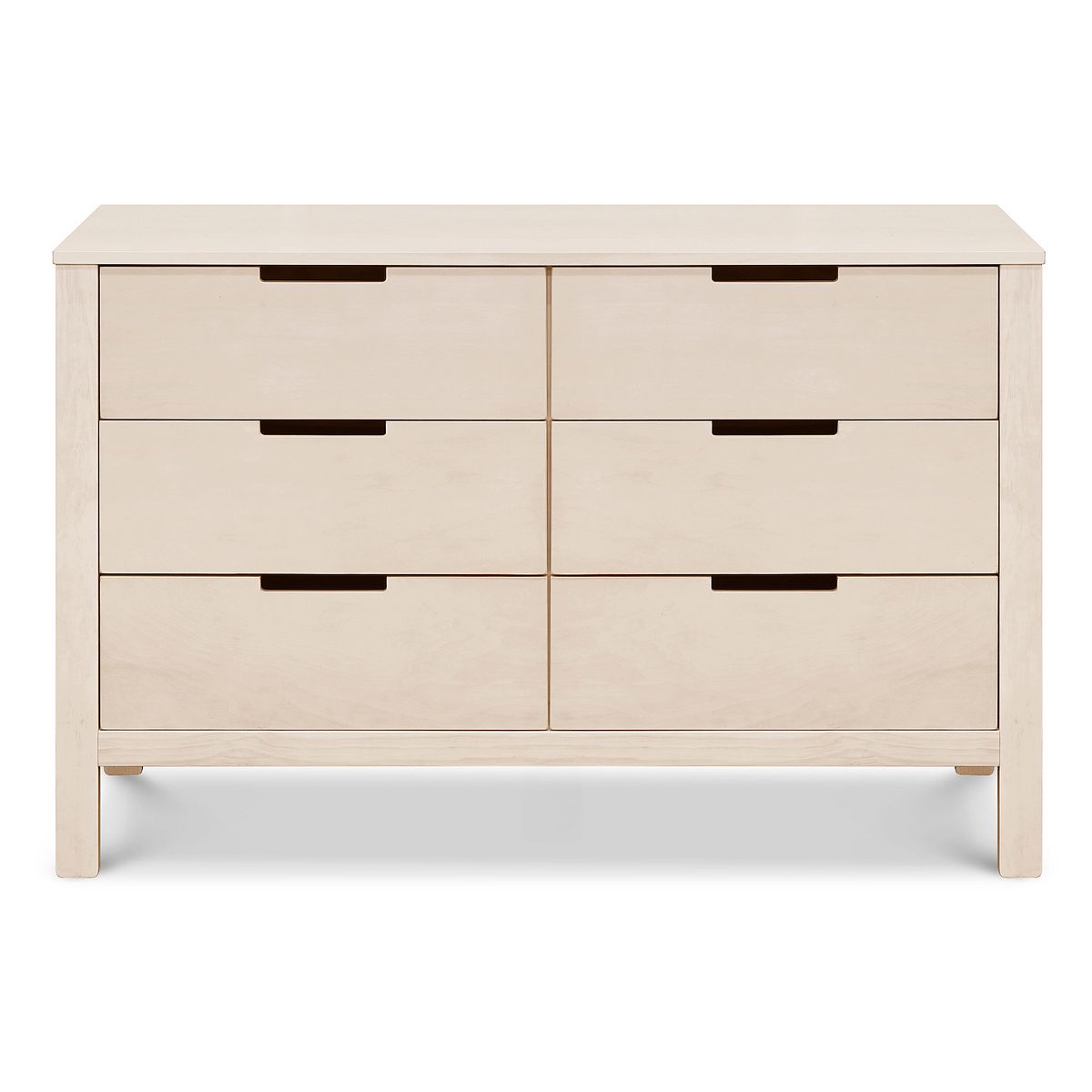 Natural Colby 6-drawer dresser front view with black bar handles and tray-style top insert.