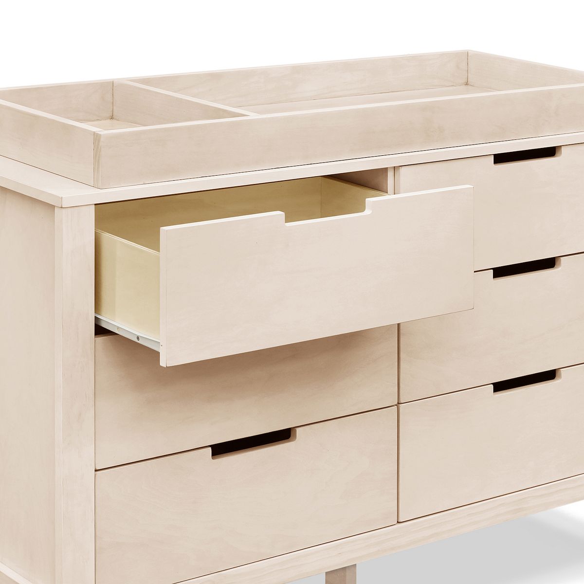 Side view of Natural Colby dresser showing a partially open drawer and interior.