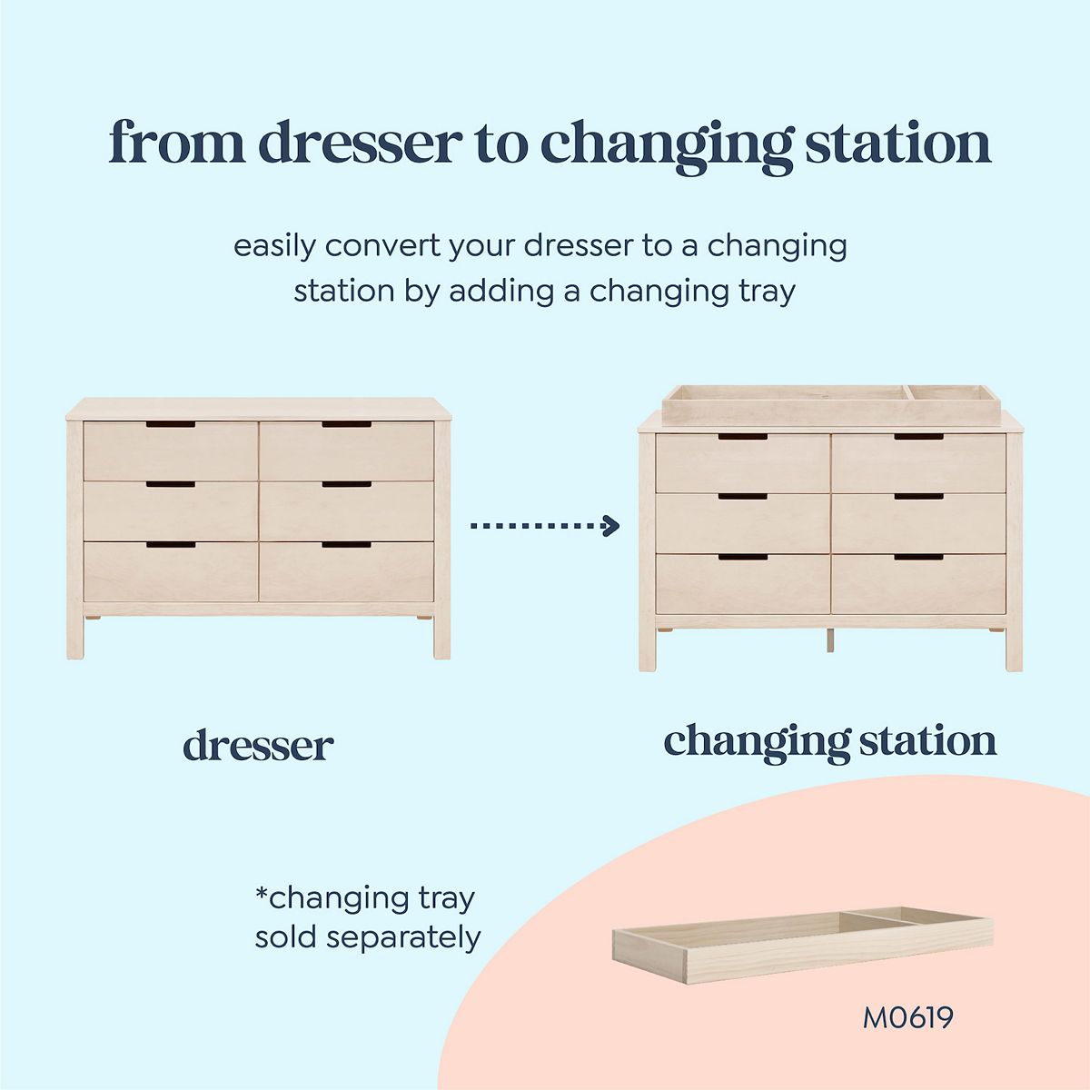From dresser to changing station infographic with Natural Colby dresser illustration.