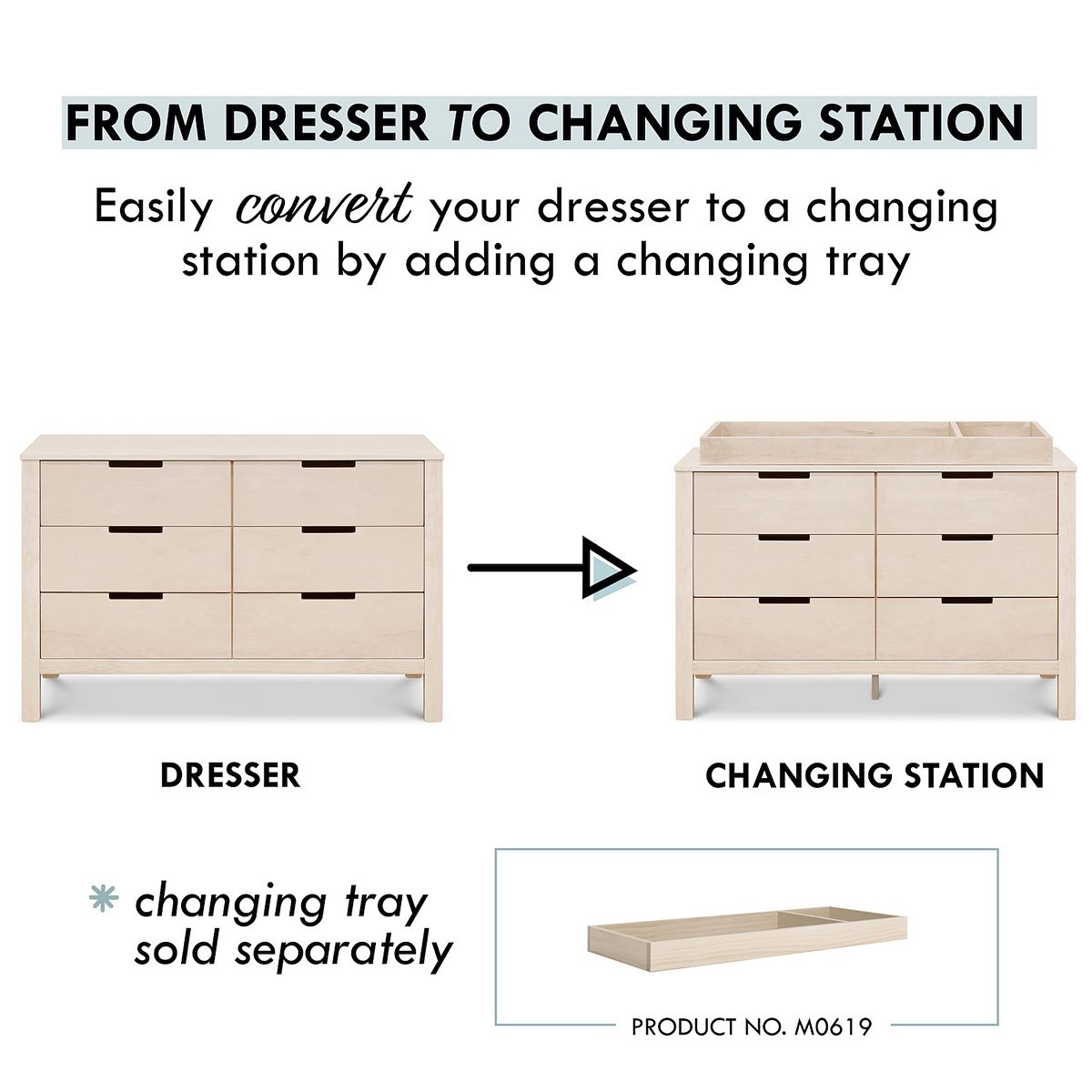 Infographic showing converting dresser to a changing station by adding a changing tray.