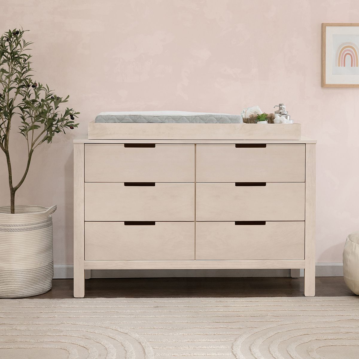 Natural Colby 6-drawer dresser in room setting with black bar drawer pulls.