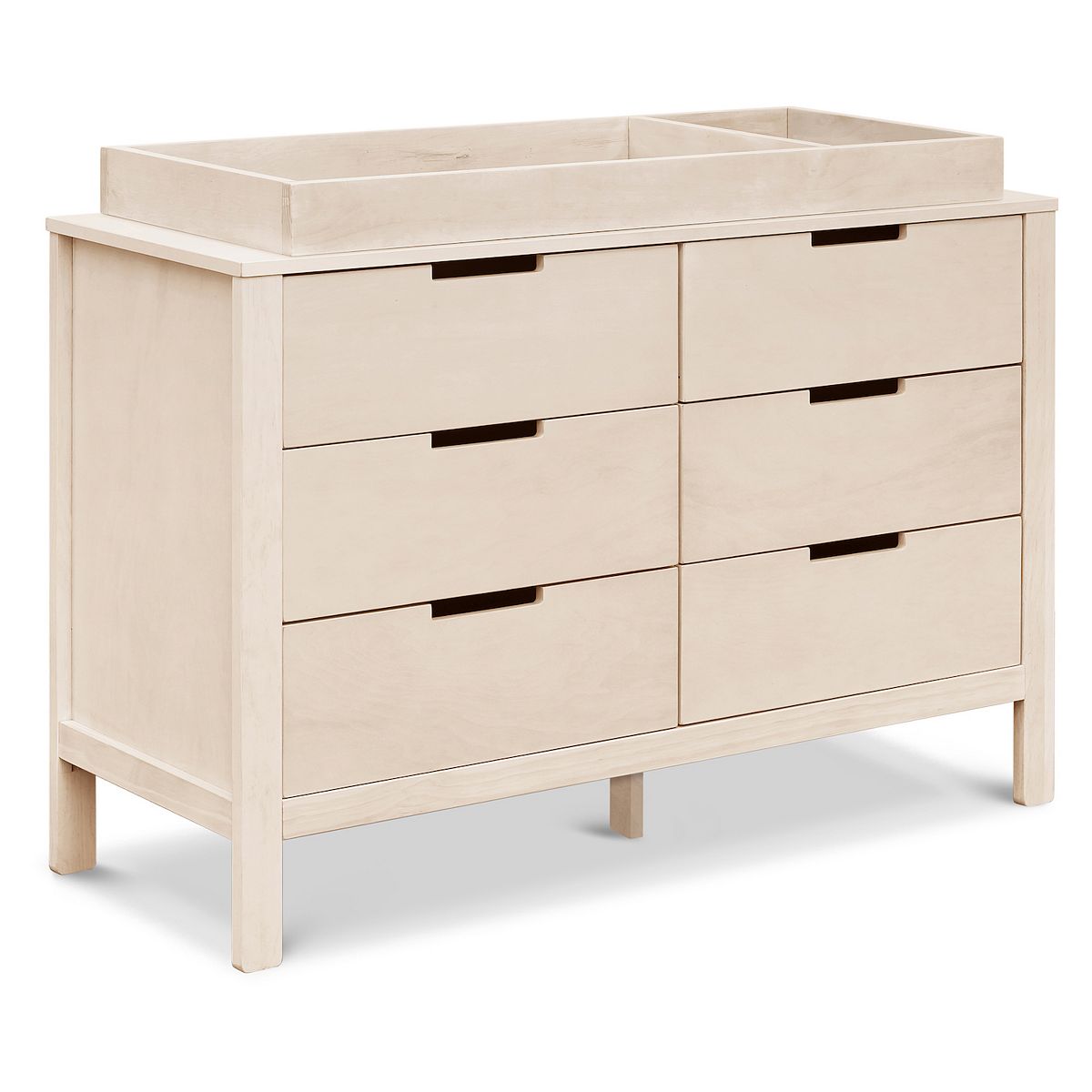 Natural Colby 6-drawer dresser with black bar handles, shown from a corner angle.