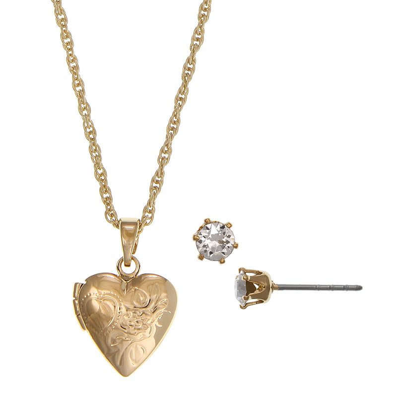 FAO Schwarz Gold Tone Locket Necklace & Earring Set, Girls