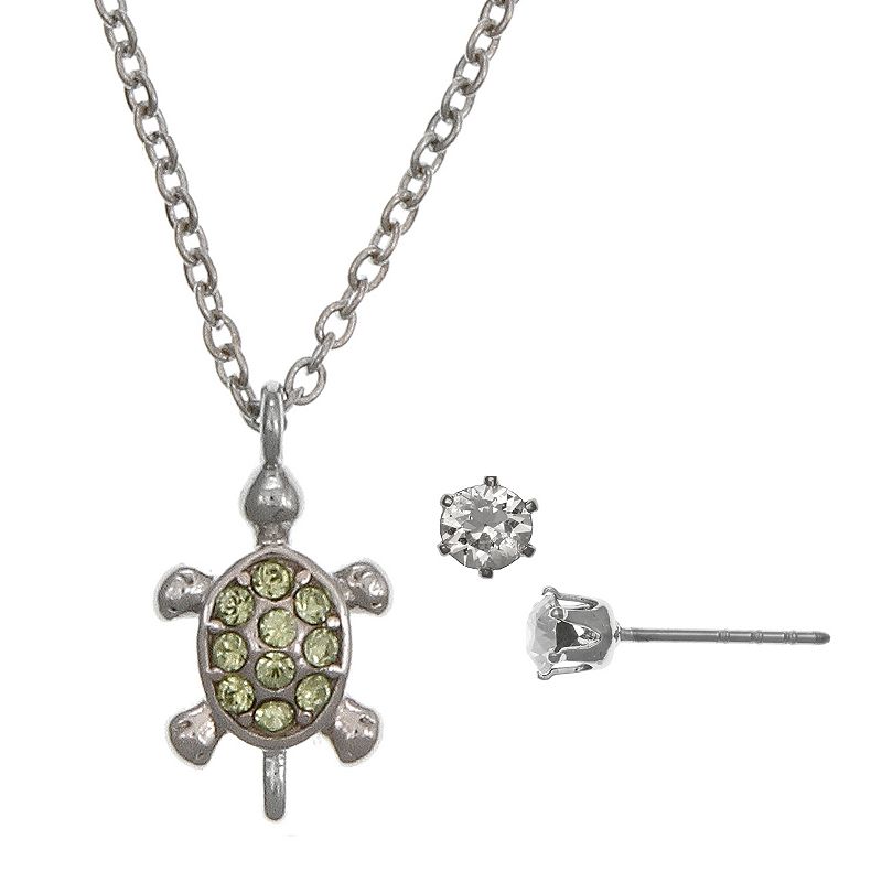 FAO Schwarz Silver Tone Turtle Necklace & Stud Earring Set, Girls, Green