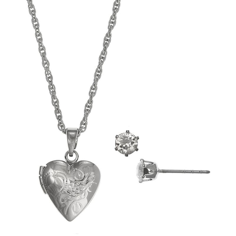 FAO Schwarz Silver Tone Locket Necklace & Stud Earring Set, Girls