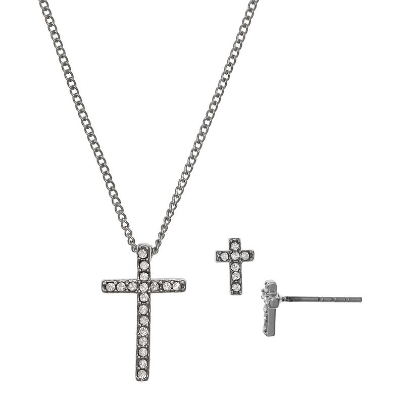 FAO Schwarz Silver Tone Cross Pendant Necklace & Earring Set, Girls