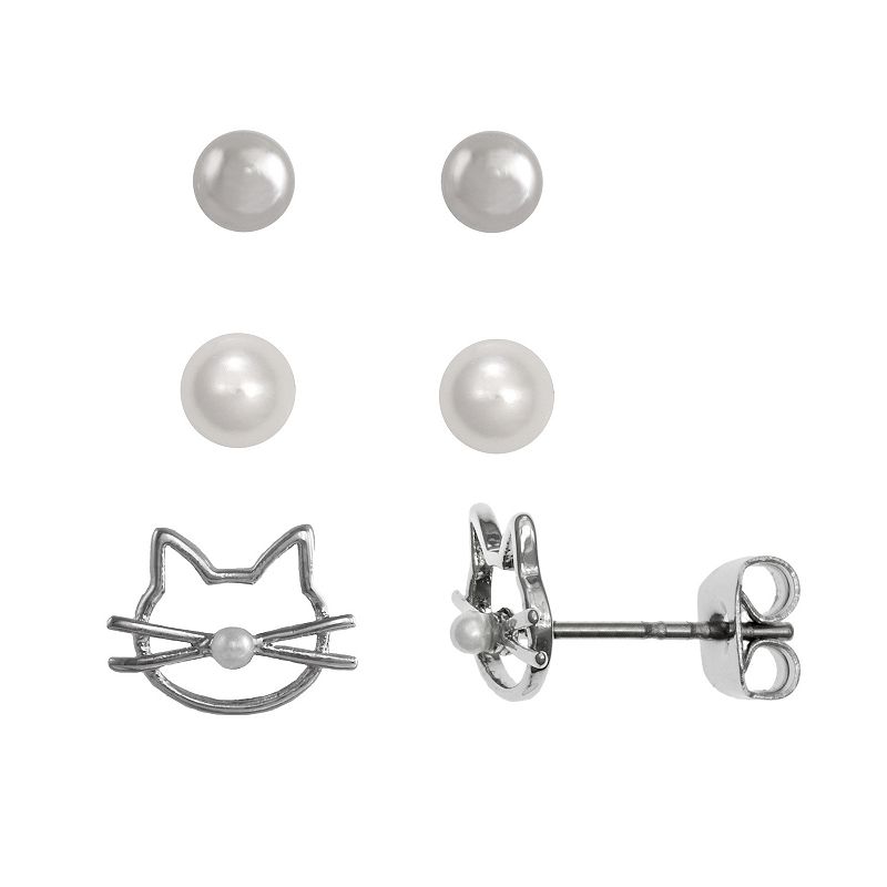 FAO Schwarz Cat, Simulated Pearl, Ball Stud Earring Set, Girls, White