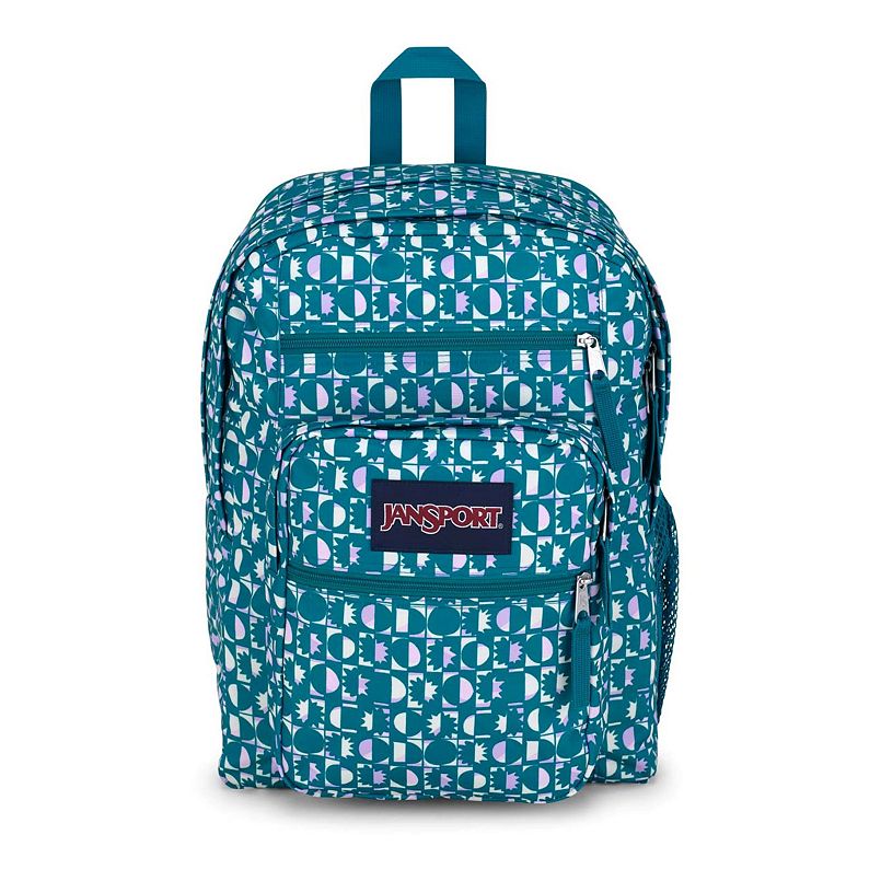 A blue backpack with a geometric pattern on it