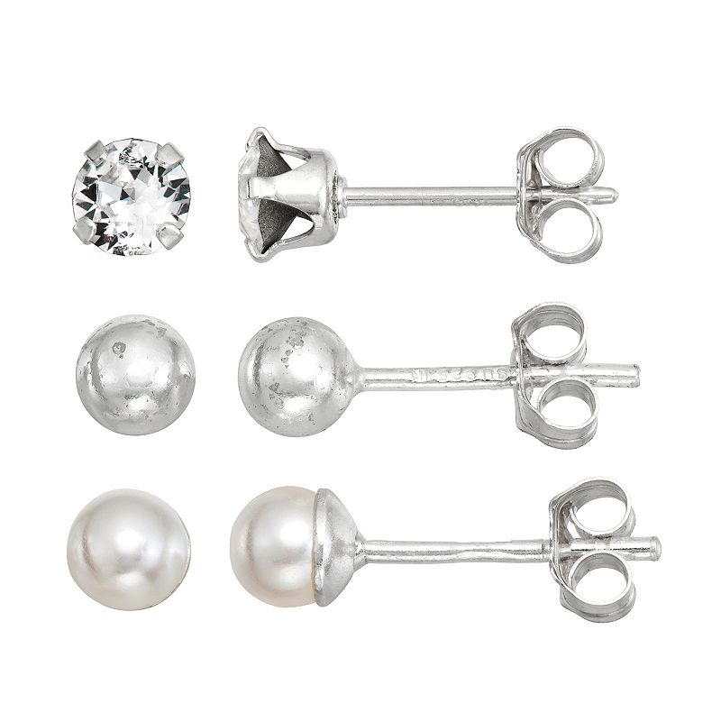 Charming Girl Sterling Silver Ball & Simulated Pearl Stud Earring Set with 