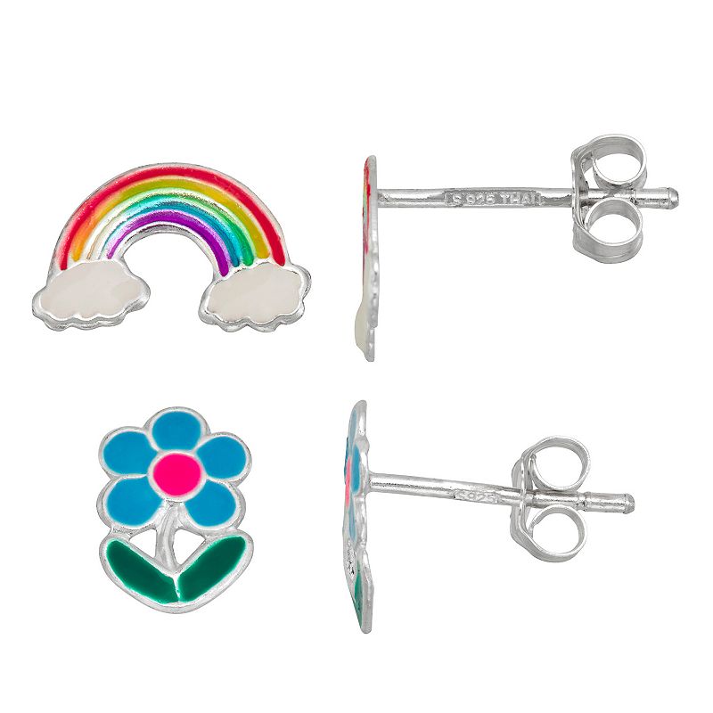 Charming Girl Sterling Silver Enamel Rainbow & Flower Stud Earring Set, Gir