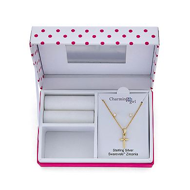 Charming Girl 14k Gold Over Silver Cubic Zirconia Cross Pendant Necklace & Stud Earring Set
