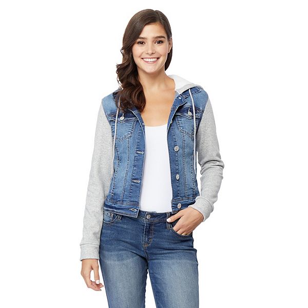 kaart streep Higgins Juniors' Wallflower Dreamer Knit-Sleeve Hooded Jean Jacket