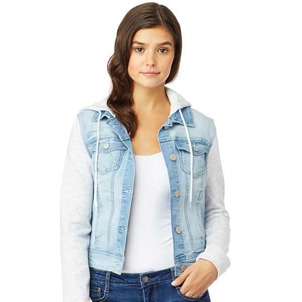 Denim jacket with 2025 knit sleeves and hood