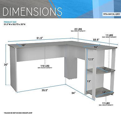 Techni Mobili Modern L-Shaped Desk with Side Shelves