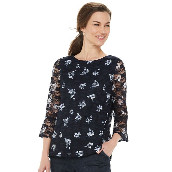 Women's Croft & Barrow® Floral Lace Bell-Sleeve Top