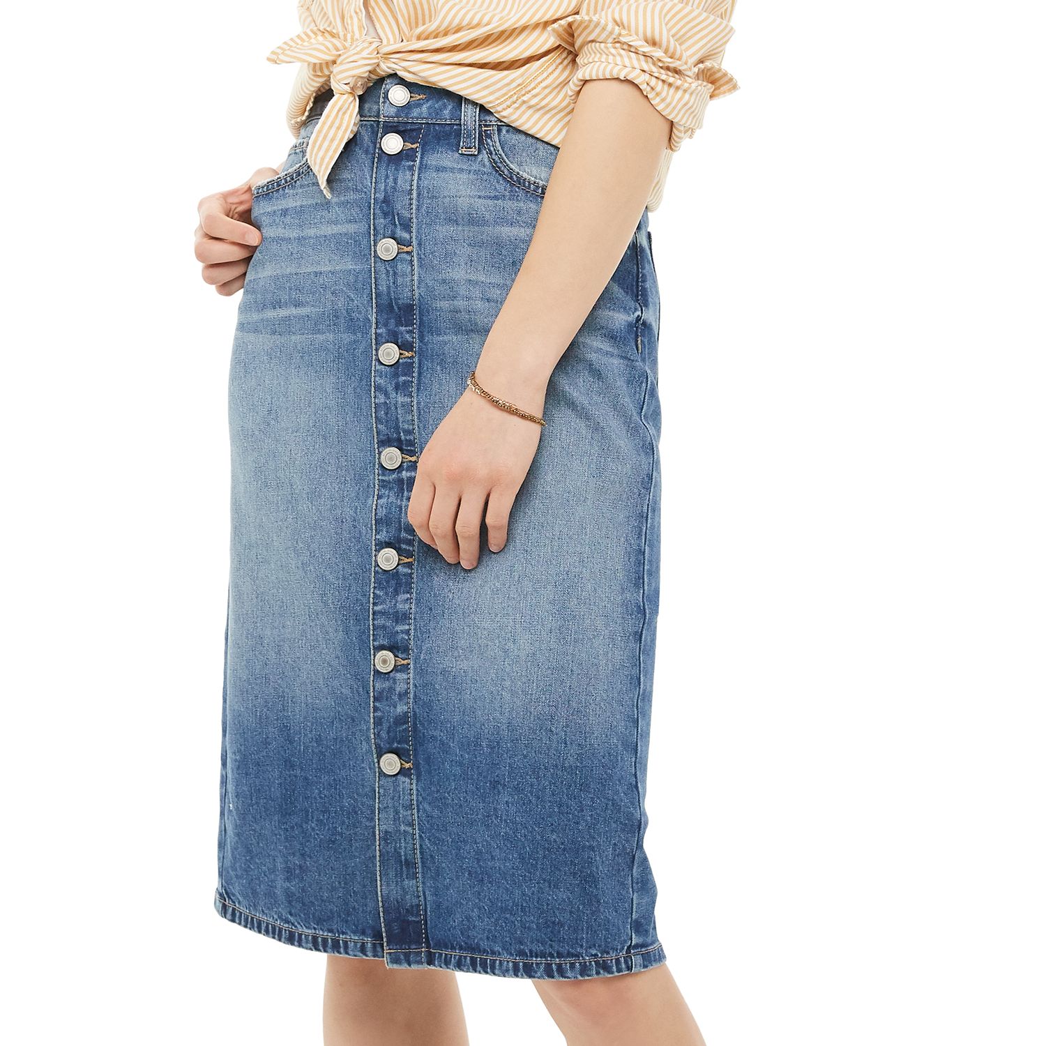 button front denim midi skirt