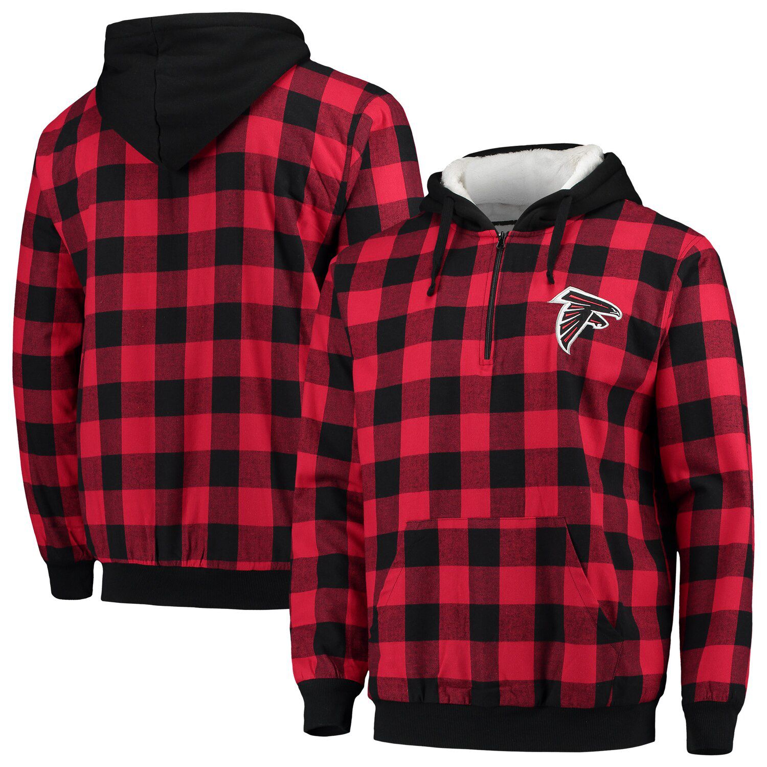 red and black plaid jacket with hood