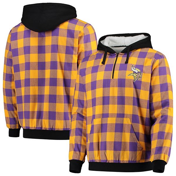 Men's Purple/Gold Minnesota Vikings Large Check Sherpa Flannel Quarter-Zip  Hoodie Jacket