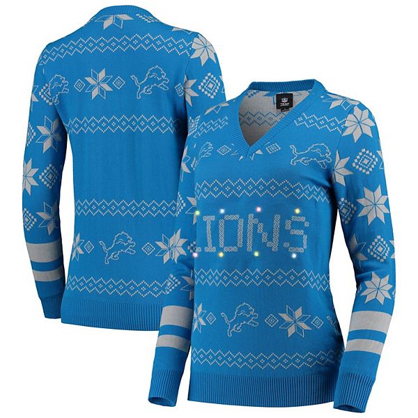 Women's Blue Detroit Lions Light-Up V-Neck Ugly Sweater