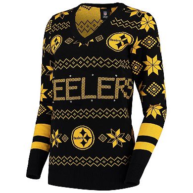 Women's Black Pittsburgh Steelers Light-Up V-Neck Ugly Sweater