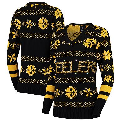 Women's Black Pittsburgh Steelers Light-Up V-Neck Ugly Sweater