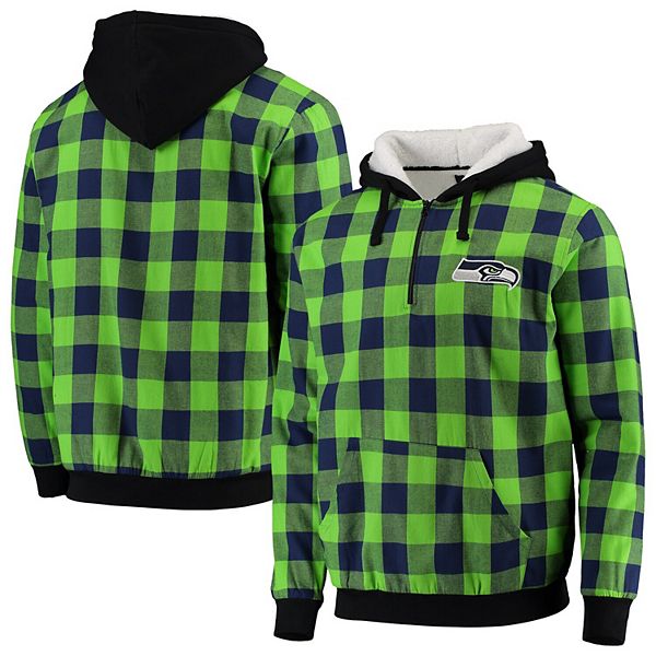 FOCO Men's Green/Gray New York Jets Large Check Flannel Sherpa Quarter-Zip  - Pullover Hoodie