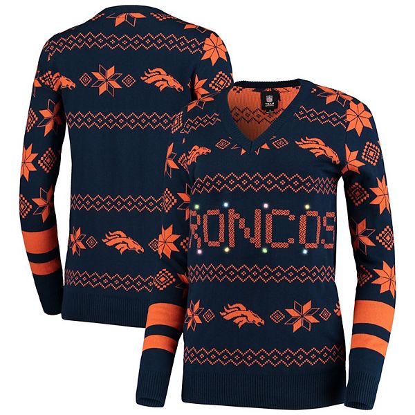 Women's Navy Denver Broncos Light-Up V-Neck Ugly Sweater