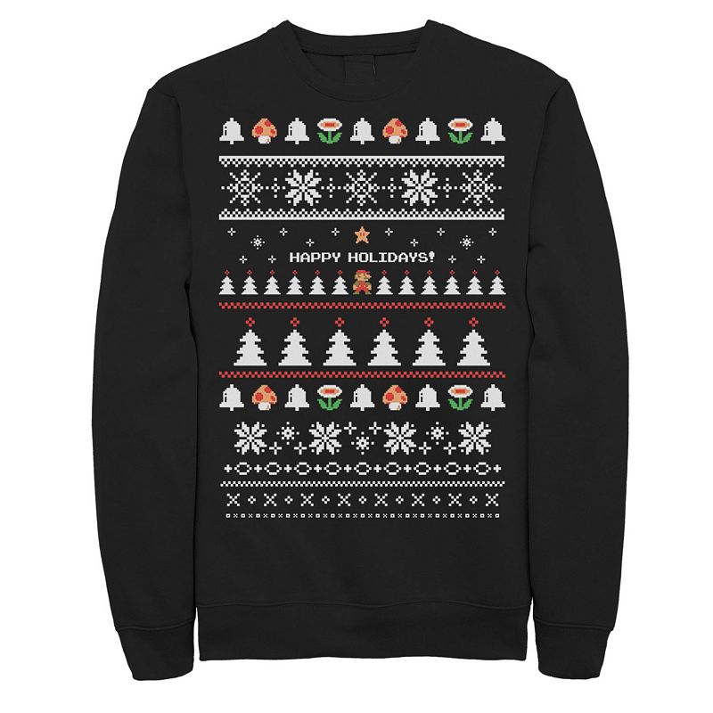 Men's Nintendo Super Mario Happy Holidays Pixels Sweatshirt, Size: XL, Black