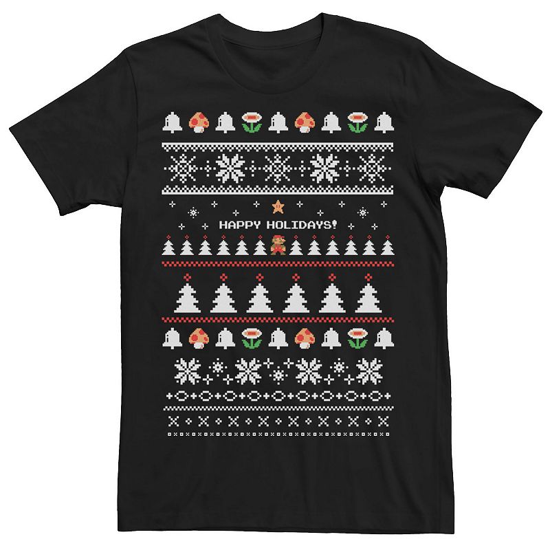 Men's Nintendo Super Mario Happy Holidays Pixels Tee, Size: XL, Black
