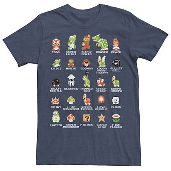 Men's Nintendo Super Mario 8-bit Pixel Icons List Vintage Tee