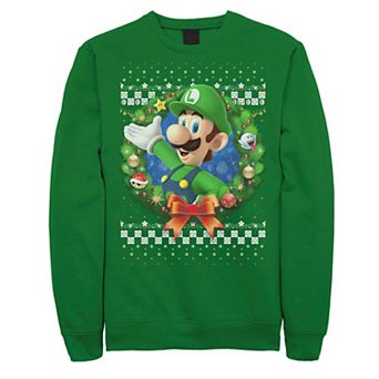 Men's Nintendo Super Mario 3D Luigi Christmas Wreath Graphic Fleece Sweatshirt