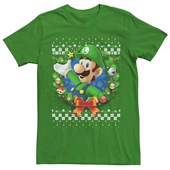 Men's Nintendo Super Mario 3D Luigi Christmas Wreath Graphic Tee