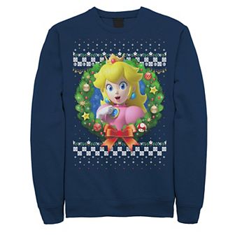 Men's Nintendo Super Mario 3D Peach Christmas Wreath Graphic Fleece Sweatshirt