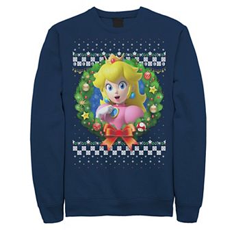 Men's Nintendo Super Mario 3D Peach Christmas Wreath Graphic Fleece Sweatshirt