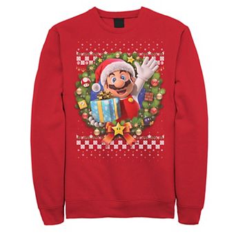 Men's Nintendo Super Mario 3D Christmas Wreath Present Graphic Fleece Sweatshirt