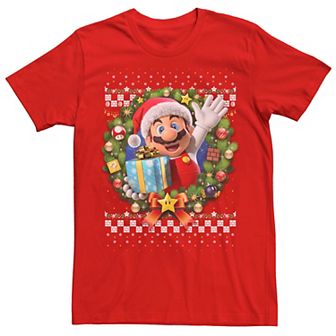 Men's Nintendo Super Mario 3D Christmas Wreath Present Graphic Tee