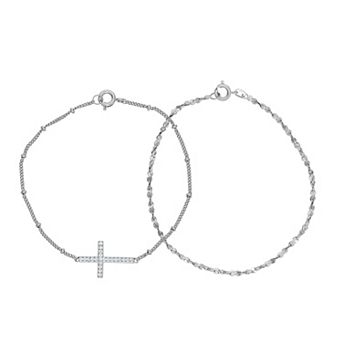 Sarafina Silver Plated Cubic Zirconia Cross & Chain Bracelet Set