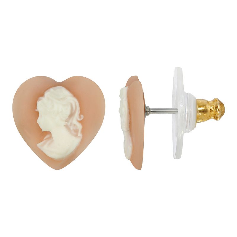 1928 Pink And White Cameo Heart Post Earrings, Womens